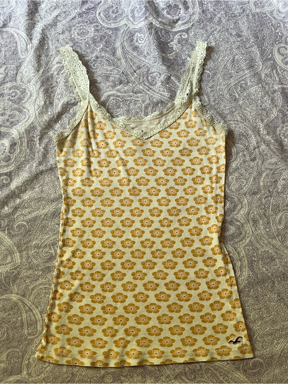 Hollister Floral Lace Trim Camisole Tank Top Yellow White Size M